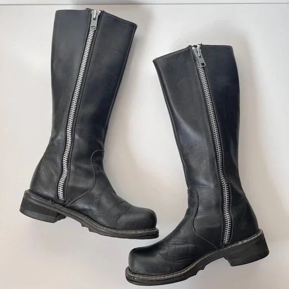 Vintage John Fluevog Black Leather Knee-High Biker Boots Women's Size 8 - Picture 6 of 13